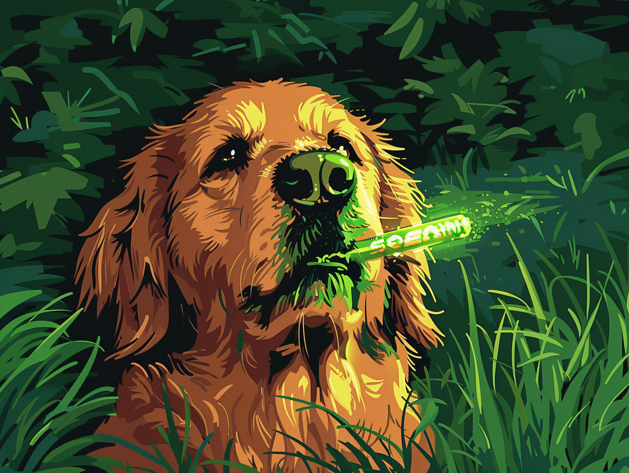 Parker sniffing a glowing Solana stick